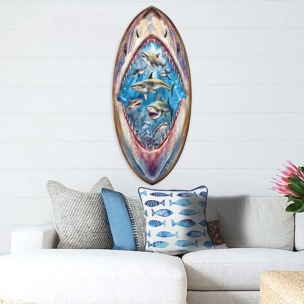 Shark Pull Coastal Surfboard Wall Art Handcrafted Ocean Decor by G. DeBrekht - Coastal Holiday Decor - 8490138HS