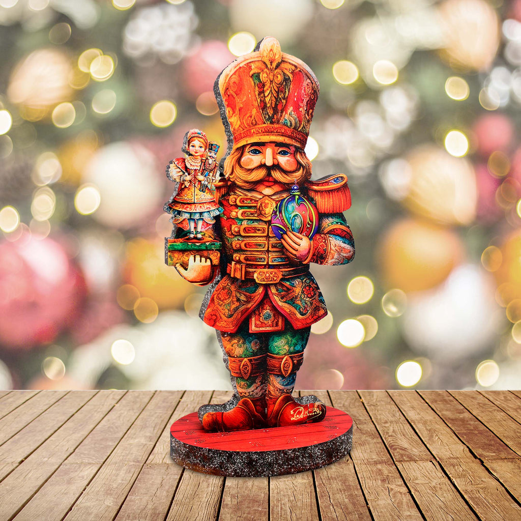 a wooden table topped with a figurine of a nutcracker