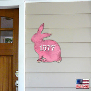 Pink Bunny Wooden Custom House Number Sign by G. DeBrekht - Easter Spring Decor - Handcrafted Wooden Handcrafted Wooden Handcrafted Wooden Address Sign - MA981341