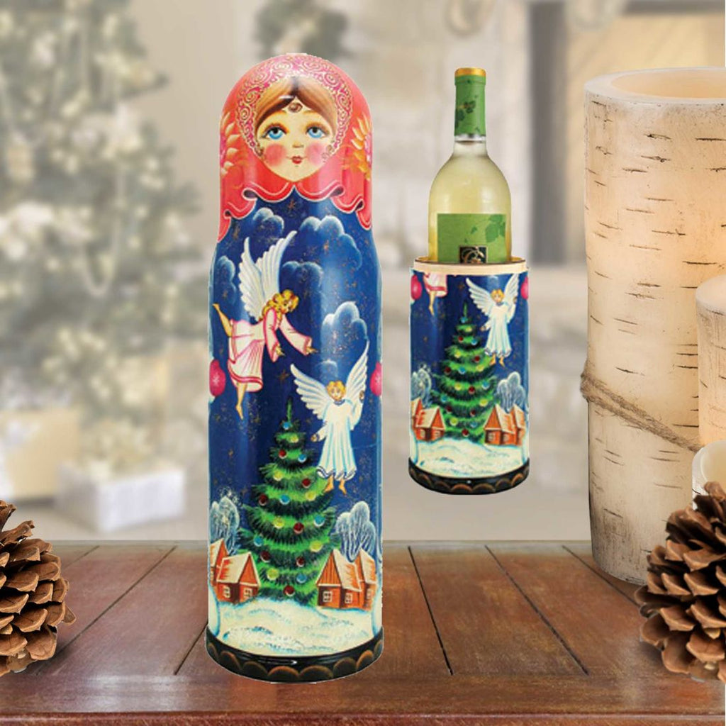 Angels Hand-Painted Wooden Bottle Holder, Wine Box, Tall Gift Box by G. DeBrekht - Christmas Decor - 190508