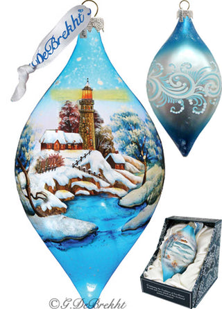 a christmas ornament with a picture of a lighthouse on it