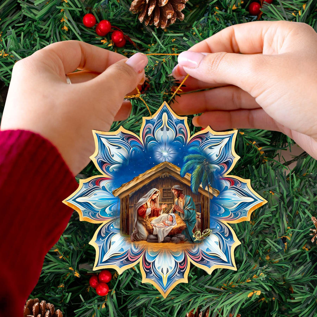 Holy Family Snowflake Wooden Ornaments by G. Debrekht - Nativity Holiday Decor - 8688439