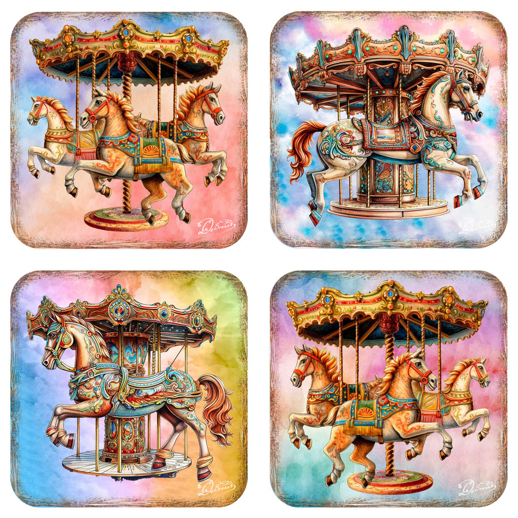 Carousel Horses Wooden Cork Coasters Gift Set of 4 by G. Debrekht - Christmas Decor - 8199439C-S4