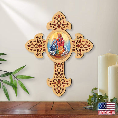 Holy Family Pointy Wooden Cross by Museum Icons - Inspirational Icon Decor - 88350