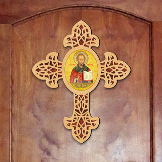 Saint Nicholas Pointy Wooden Cross by Museum Icons - Inspirational Icon Decor - 88321