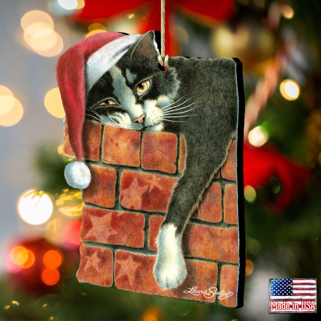 Peeking Tom Santa Cat Wooden Ornaments - Tree Ornament by Laura Seeley - Pets Dog and Cats Decor - 8512062-LS