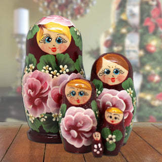 Burgundy Floral Matreshka Nesting Hand-Painted Dolls Set of 5 by G. DeBrekht - Christmas Decor - 140139-2