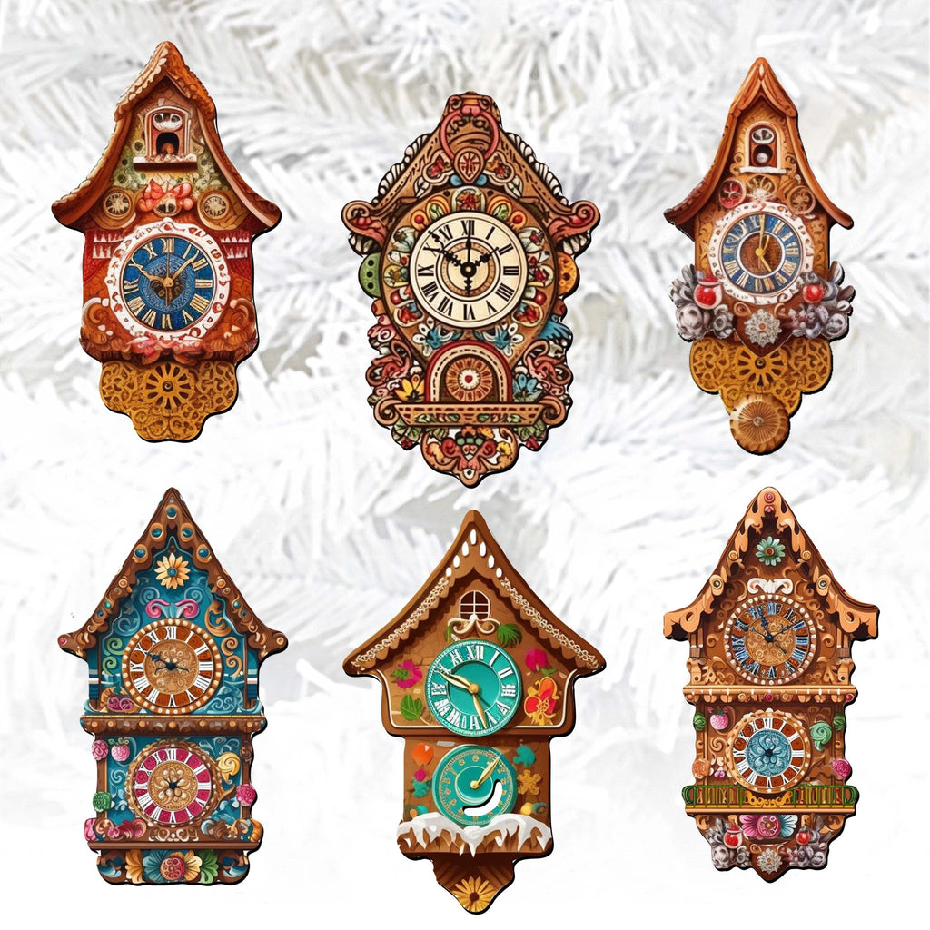 Miniature clock Clip-On Eco Wood Decorative Ornaments Set of 6 by G. Debrekht - Christmas Decor - 8090020C-S6