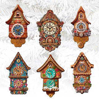 Miniature clock Clip-On Eco Wood Decorative Ornaments Set of 6 by G. Debrekht - Christmas Decor - 8090020C-S6