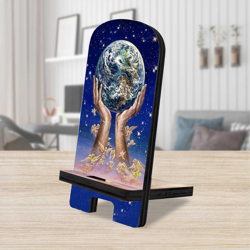 World In My Hands Cell Phone Stand Inspirational Decor Wood Mobile Tablet Holder Charging Station Organizer by Josephine Wall - 892081-JW