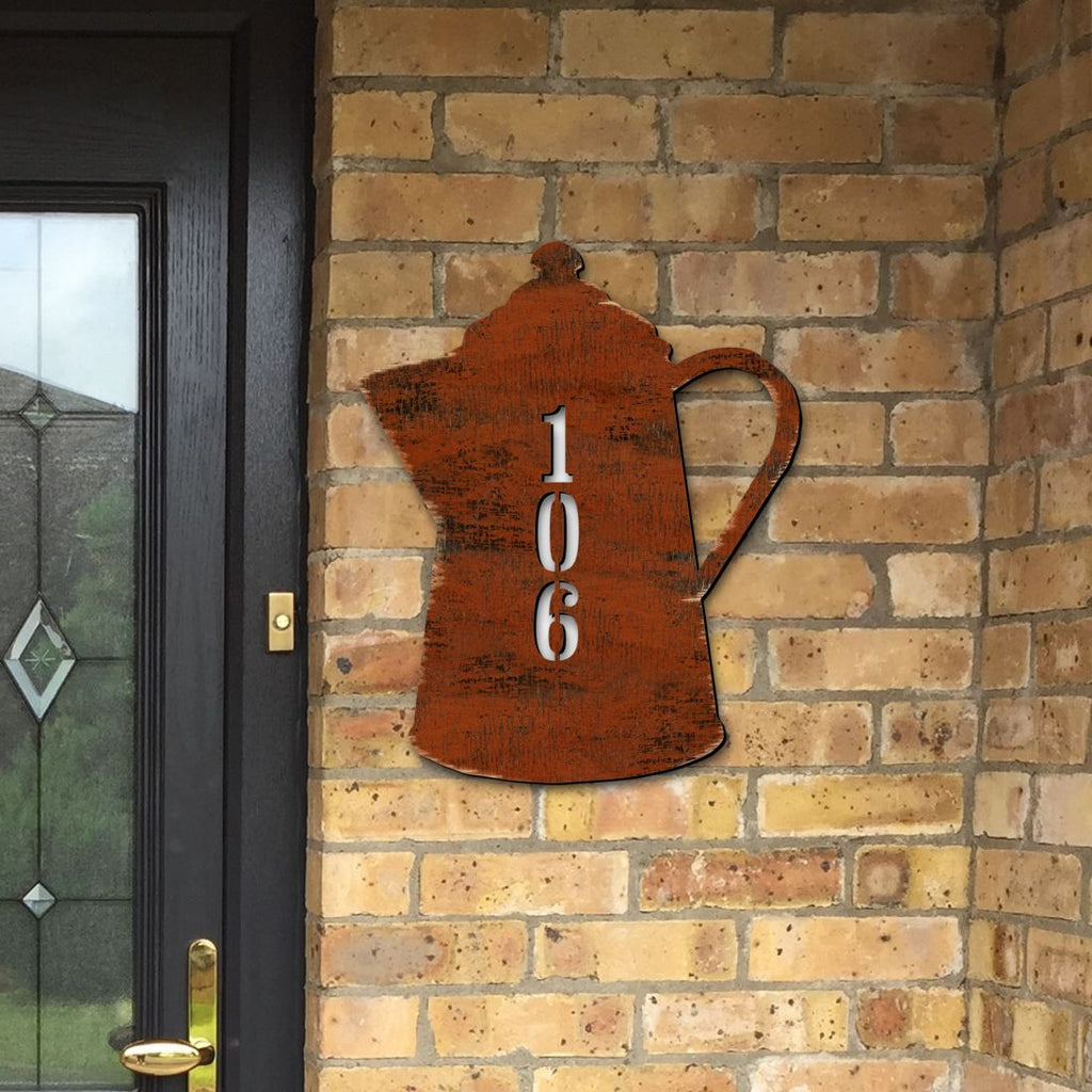 Coffee Pot Wooden Custom House Number Sign - Love Family Kids Decor - Handcrafted Wooden Address Sign - MA98552