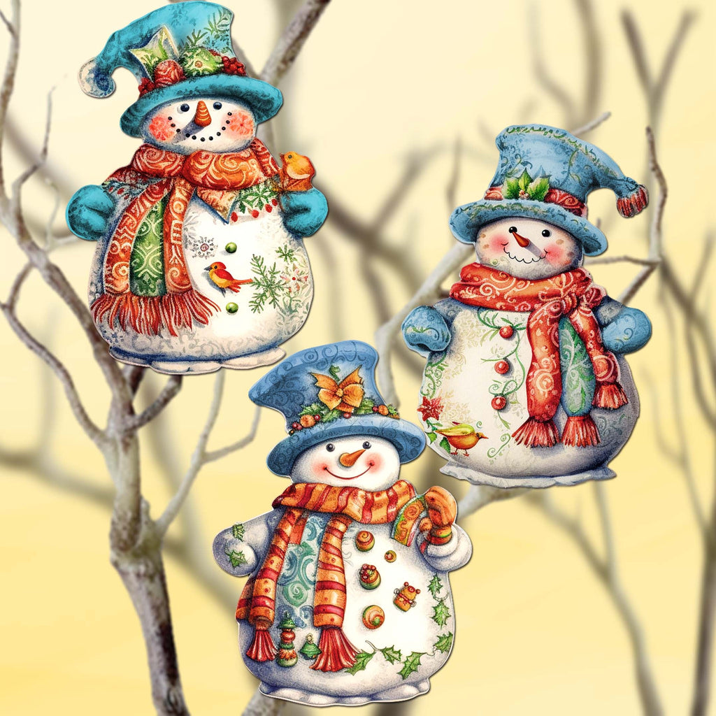 Snowman Clip-On Eco Wood Decorative Ornaments Set of 3 by G. Debrekht - Christmas Decor - 8091023C-S3