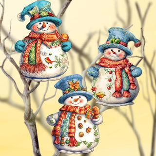 Snowman Clip-On Eco Wood Decorative Ornaments Set of 3 by G. Debrekht - Christmas Decor - 8091023C-S3