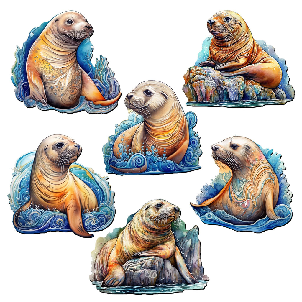 Sea Lions Decorative Eco Wood Magnets Set of 6 by G. Debrekht - Wildlife Coastal Decor - 8090127G-S6