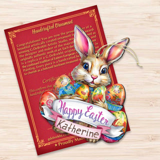 Personalized Easter Ornaments, Personalized Gift, Easter Basket Tag - Baby Name Happy Easter Bunny with Eggs Wooden Ornaments by G. Debrekht Easter Spring Decor - 8652785P