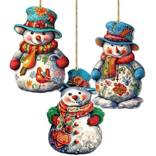Snowman Decorative Eco Wood Ornaments Set of 3 by G. Debrekht - Christmas Decor - 8091023-S3