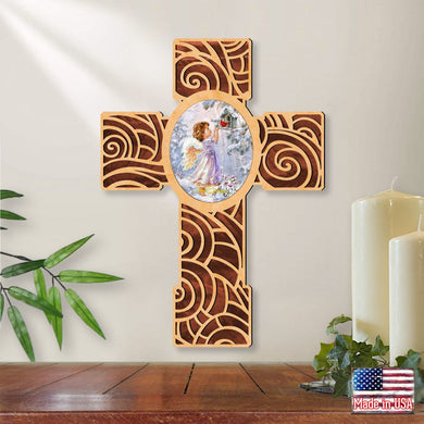 Red Robin Girl Angel Modern Wooden Cross by D. Gelsinger - Inspirational Icon Decor - 88285-DG