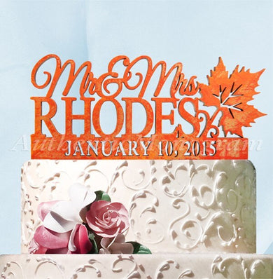 Mr. and Mrs. Wedding Cake Topper - Wooden Cake Topper with date Autumn Wedding #94127F