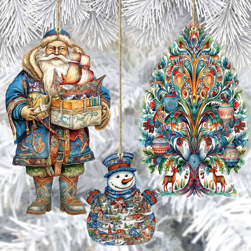 Santas Around the World - Nordic Inspired Santa - Eco Wood Ornaments Set of 3 by G. DeBrekht Christmas Santa Snowman Decor - 8091312S3