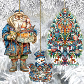 Santas Around the World - Nordic Inspired Santa - Eco Wood Ornaments Set of 3 by G. DeBrekht Christmas Santa Snowman Decor - 8091312S3