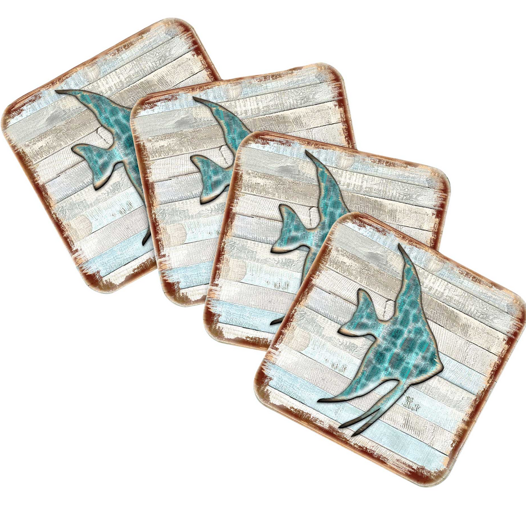 four square coasters with a blue and white design featuring a fish-like figure.