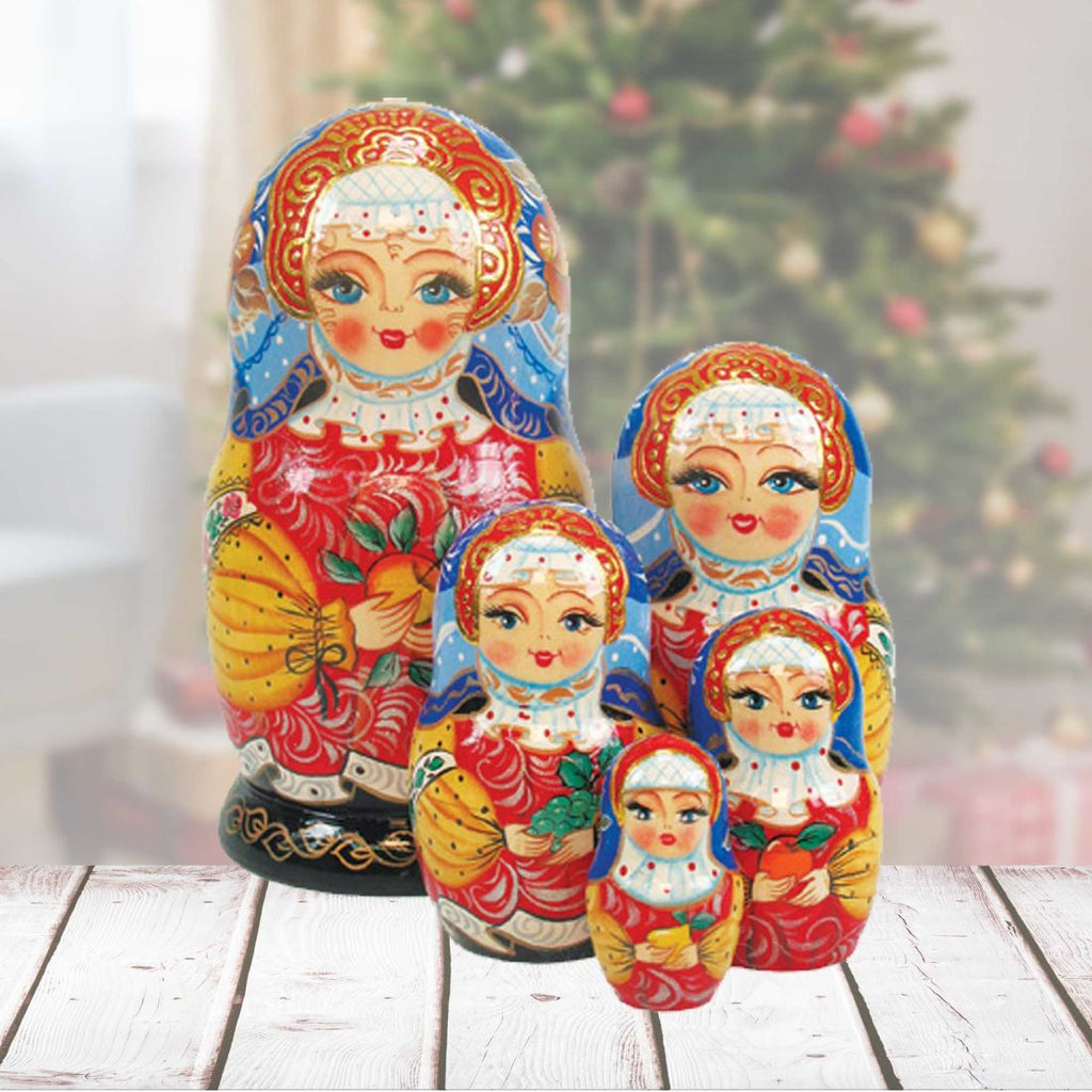 Apple Girl Matreshka Stacking Hand-Painted Dolls Set of 5 by G. DeBrekht - Christmas Decor - 1300934