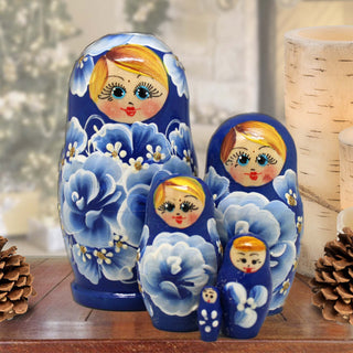 Fine China Blue Matreshka Nesting Hand-Painted Doll Set of 5 by G. DeBrekht - Christmas Decor - 140132-2