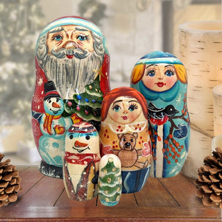 Santa Family Matreshka Nesting Hand-Painted Doll Set of 5 by G. DeBrekht - Christmas Santa Snowman Decor - 110088