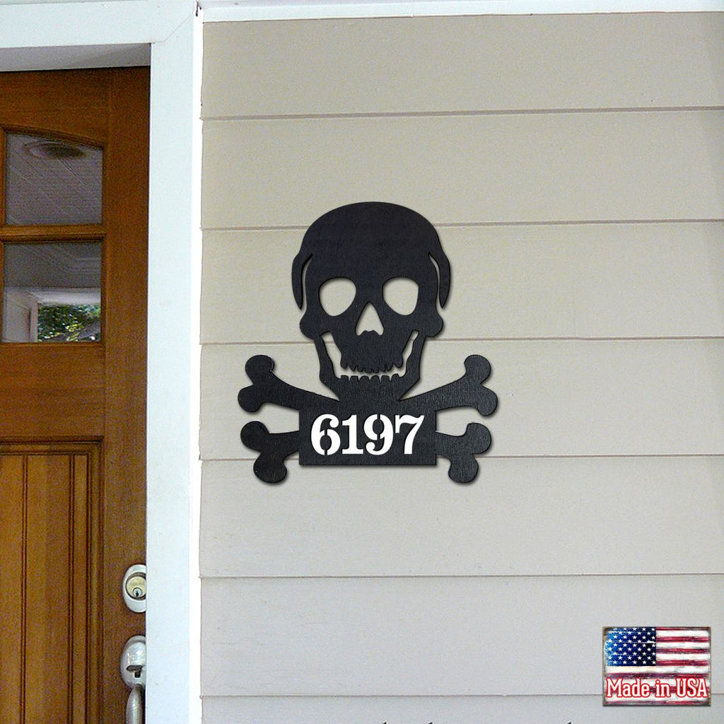 Skull and Bones Wooden Personalized House Number Sign by G. Debrekht - Thanksgiving Halloween Decor - Handcrafted Wooden Address Sign - MA8198443