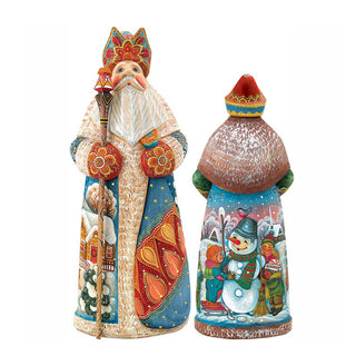 two colorful, hand-painted figurines of Santa Claus and a snowman, both adorned with intricate designs and patterns.