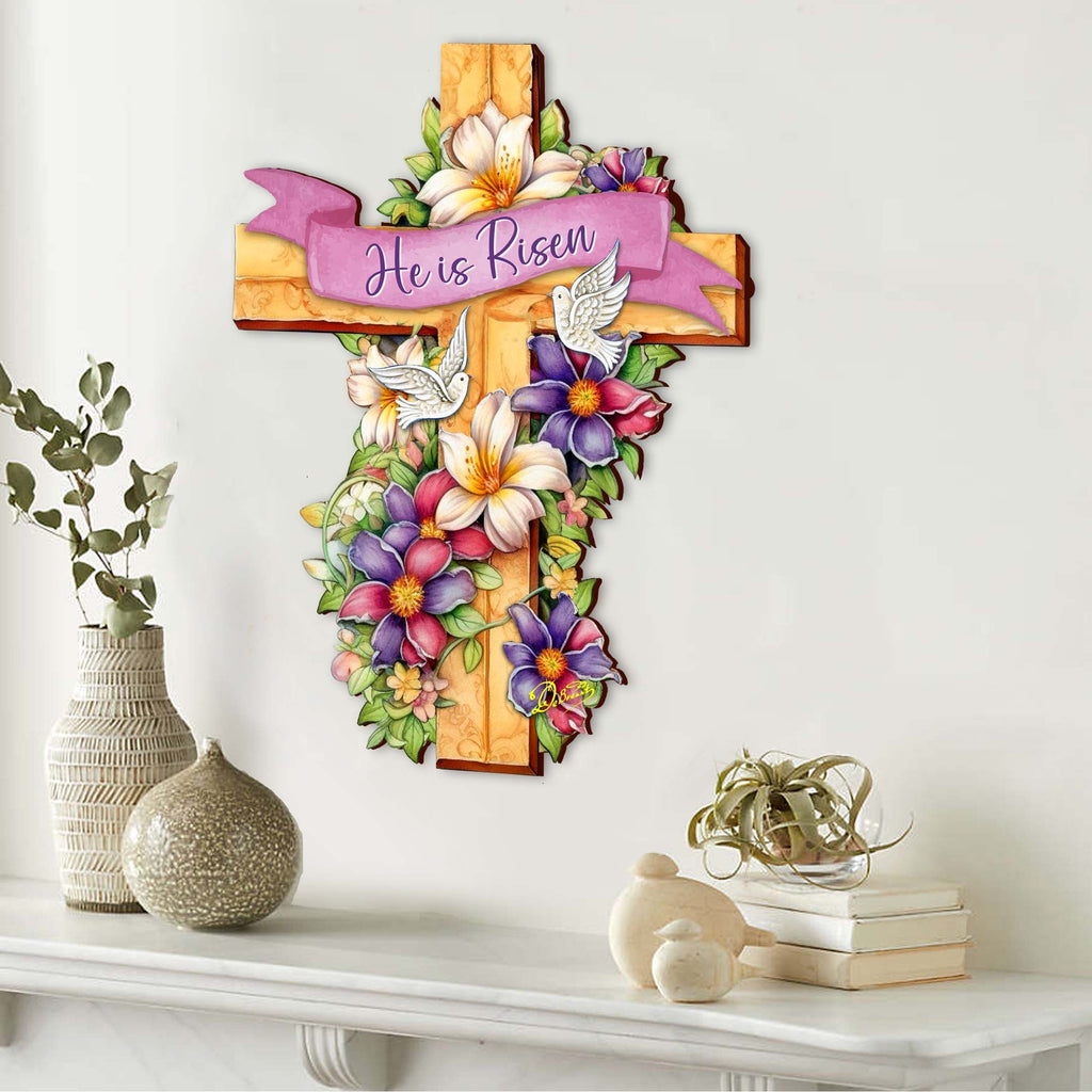 He is Risen Wooden Cross by G. Debrekht - Easter Spring Decor - 88162