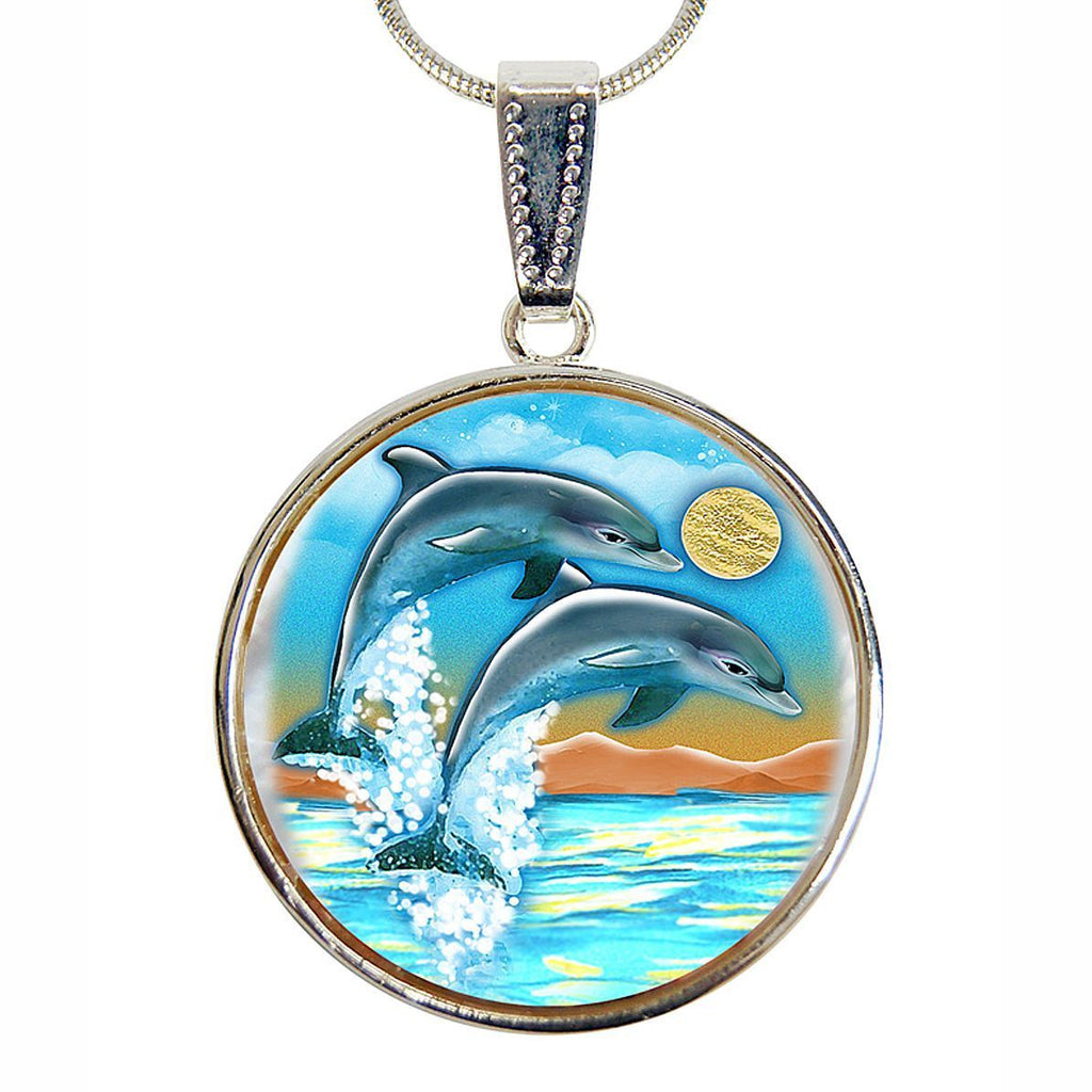 Flying Dolphins Silver Plated Jewelry Mother of Pearl Pendant Necklace - 44011
