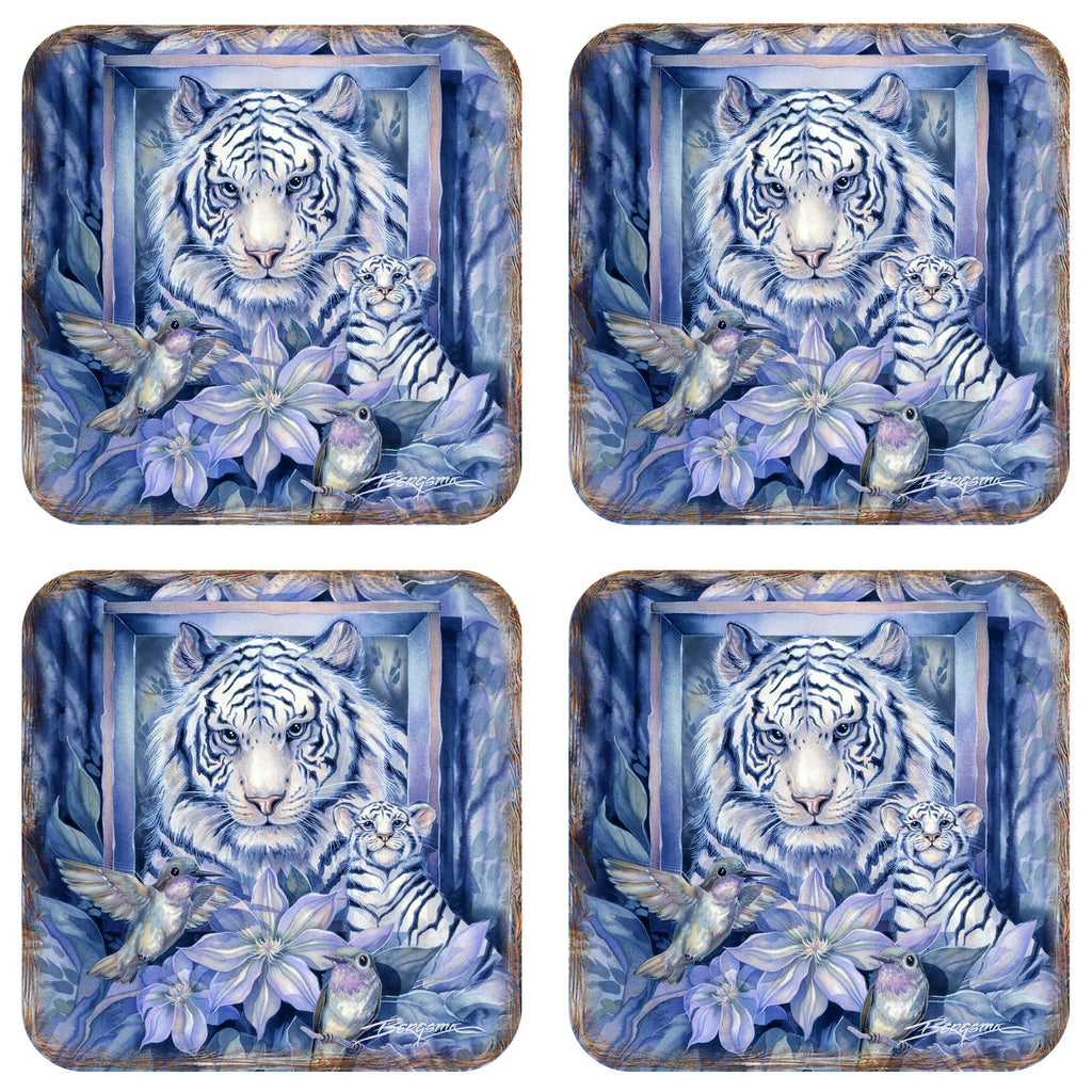 Tiger in the Garden Wooden Cork Coasters Gift Set of 4 by J. Bergsma - Wildlife Decor - 8199461C-S4