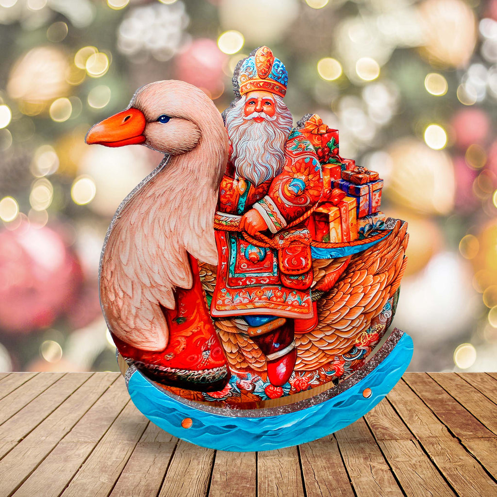 Charming Santa Riding Goose Limited Edition Wooden Figurine Centerpiece by G. Debrekht - Christmas Decor - 89314