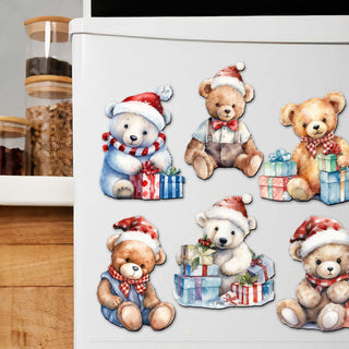 a refrigerator with a bunch of teddy bears on it