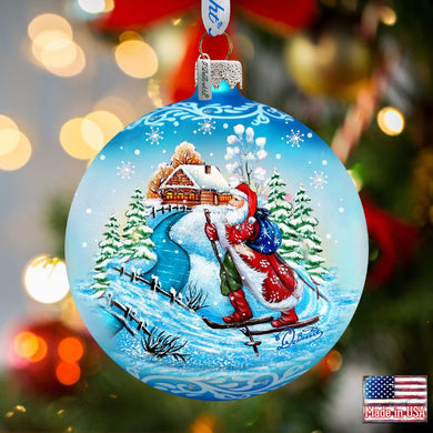 Skiing Through the Snow Glass Ornament by G. DeBrekht - Christmas Santa Snowman Decor - 73362