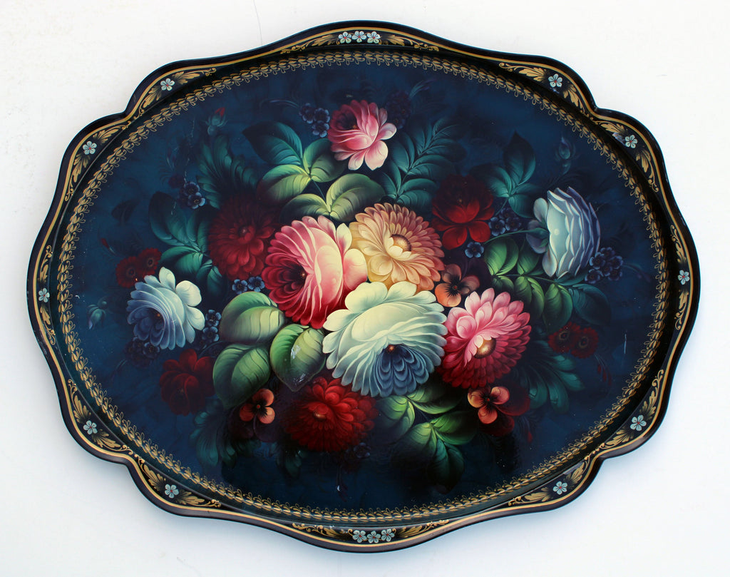 One-of-a-Kind Authentic Zhostovo Hand-Painted Metal Tray by Olga Koshkina 24x18 - Functional Kitchenware and Unique Wall Decor