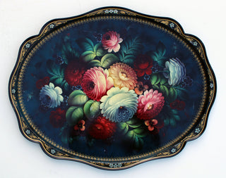 One-of-a-Kind Authentic Zhostovo Hand-Painted Metal Tray by Olga Koshkina 24x18 - Functional Kitchenware and Unique Wall Decor