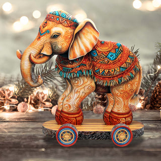 Enchanting Elephant on Wheels Limited Edition Wooden Figurine by G. Debrekht - Christmas Centerpiece Decor - 89309