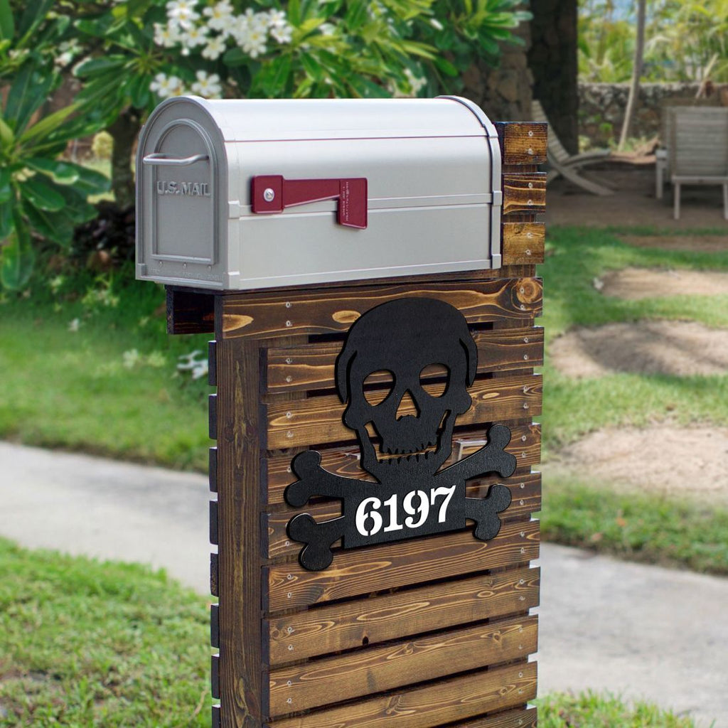 Skull and Bones Wooden Personalized House Number Sign by G. Debrekht - Thanksgiving Halloween Decor - Handcrafted Wooden Address Sign - MA8198443