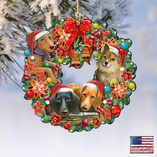 Christmas Friends Puppy Wreath Wooden Ornaments by G. DeBrekht - Pets Dog and Cats Decor - 8185307-6-SL