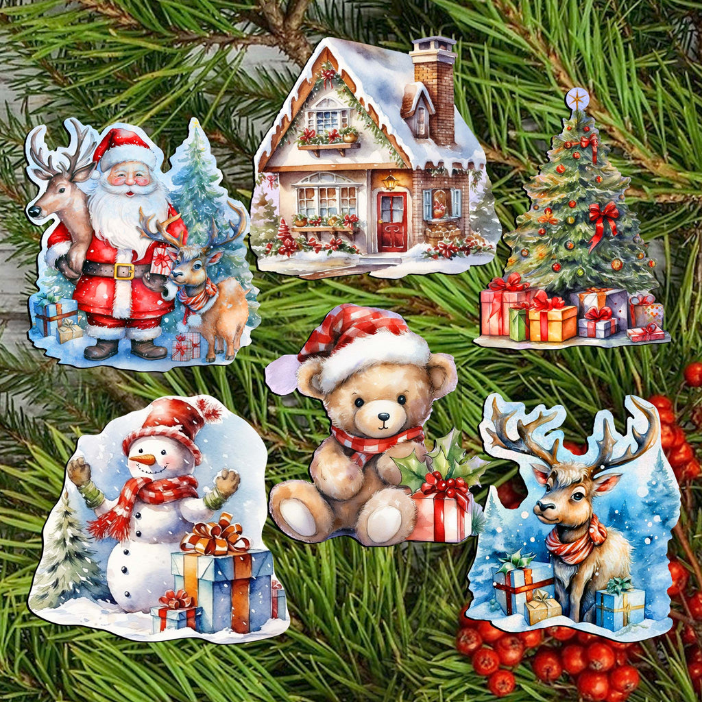 Christmas Is Here Clip-On Eco Wood Decorative Ornaments Set of 6 by G. Debrekht - Christmas Decor - 8090028C-S6