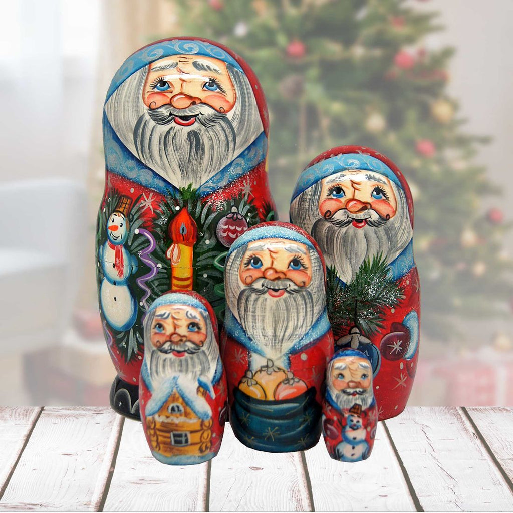 Candlelight Santa Matreshka Nesting Hand-Painted Dolls Set of 5 by G. DeBrekht - Christmas Santa Snowman Decor - 110171