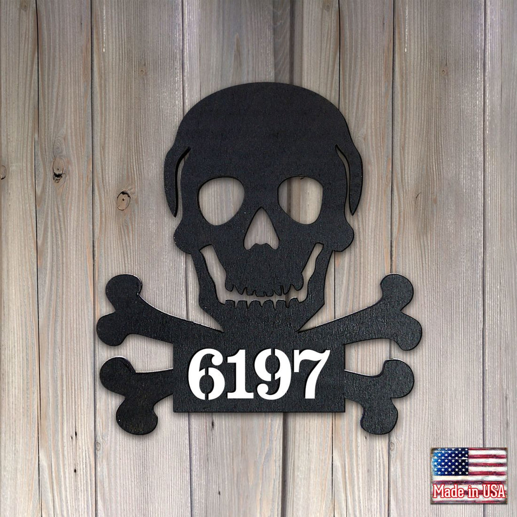 Skull and Bones Wooden Personalized House Number Sign by G. Debrekht - Thanksgiving Halloween Decor - Handcrafted Wooden Address Sign - MA8198443