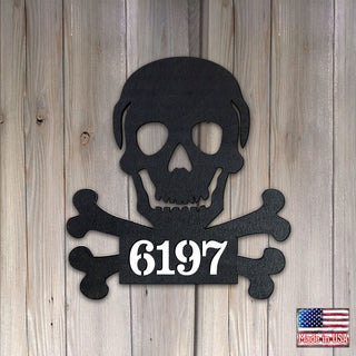 Skull and Bones Wooden Personalized House Number Sign by G. Debrekht - Thanksgiving Halloween Decor - Handcrafted Wooden Address Sign - MA8198443