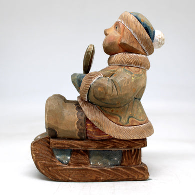 One-of-a-Kind - Boy on Sleigh WOODCARVED Figurine 5x2.5x4 by G.DeBrekht - Unique Handcrafted and Hand-Painted Collectible