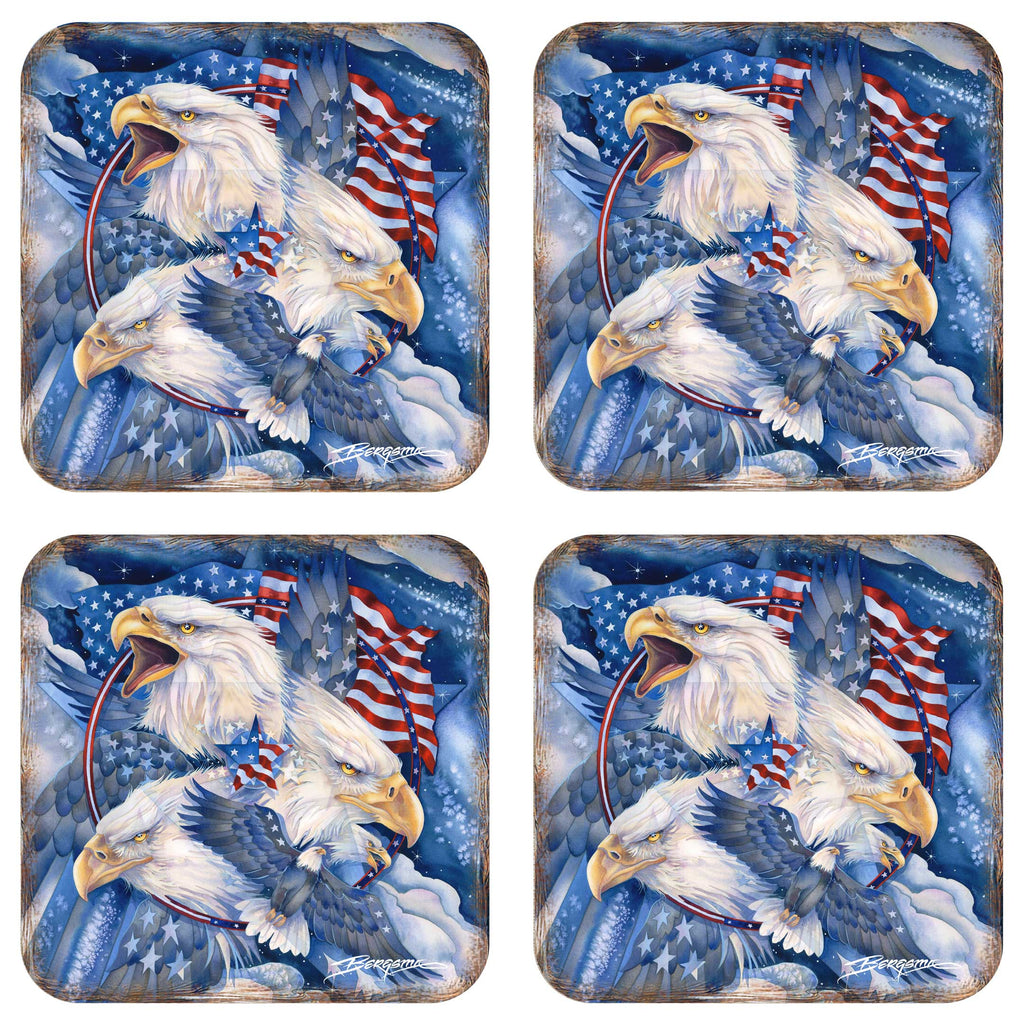 Allegiance American Patriotic Eagles Wooden Cork Coasters Gift Set of 4 by J. Bergsma - Wildlife Decor - 8199470C-S4