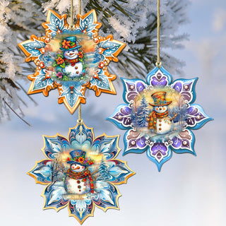 Happy Snowman Snowflake Eco Wood Ornaments Set of 3 by G. Debrekht - Christmas Decor - 8090149-S3