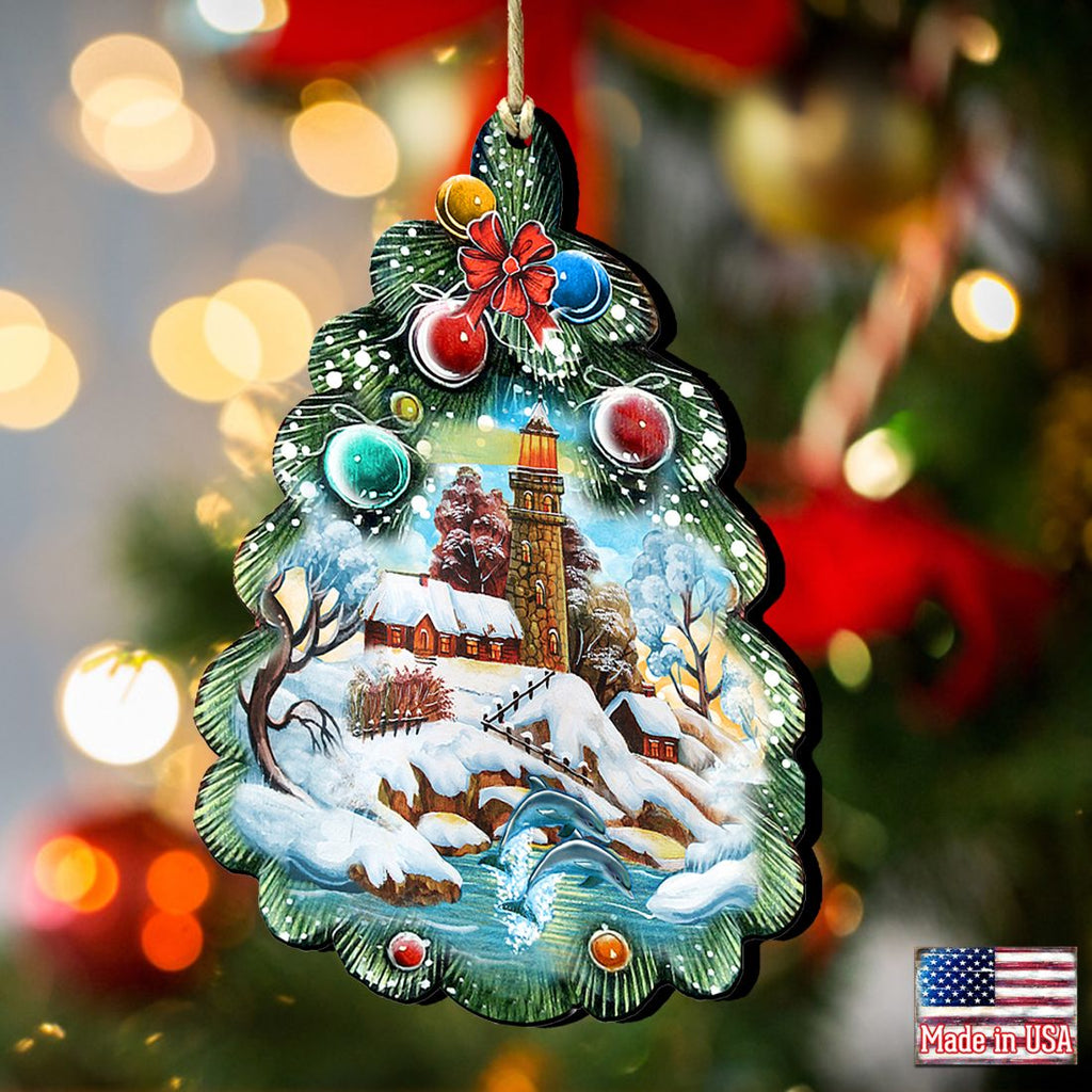 Lighthouse Tree Wooden Ornaments by G. DeBrekht - Coastal Holiday Decor - 8119185