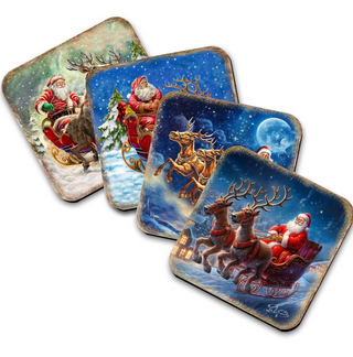 A set of four square coasters featuring illustrations of Santa Claus riding reindeer and flying on a sleigh against a snowy night sky with a full moon.